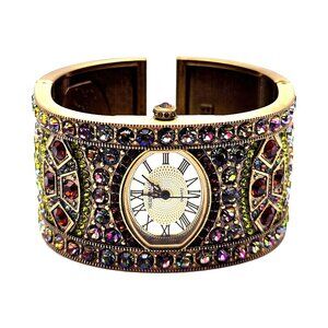 Heidi Daus Crystal Cuff Watch B10254 Multicolor Rhinestone Gold Tone Bracelet
